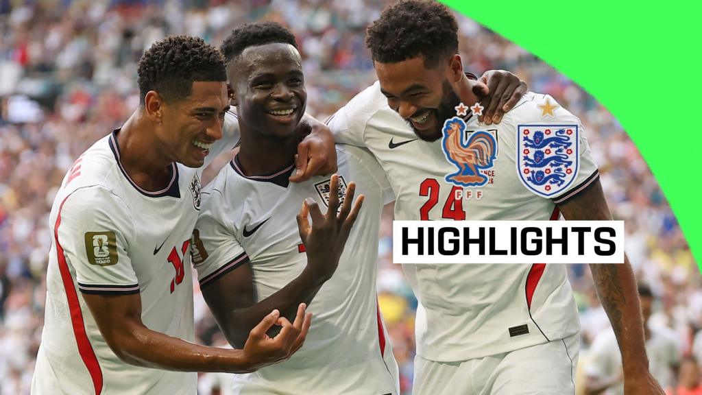 Bukayo Saka celebrates after scoring his hat-trick goal in England's 6-4 win over France