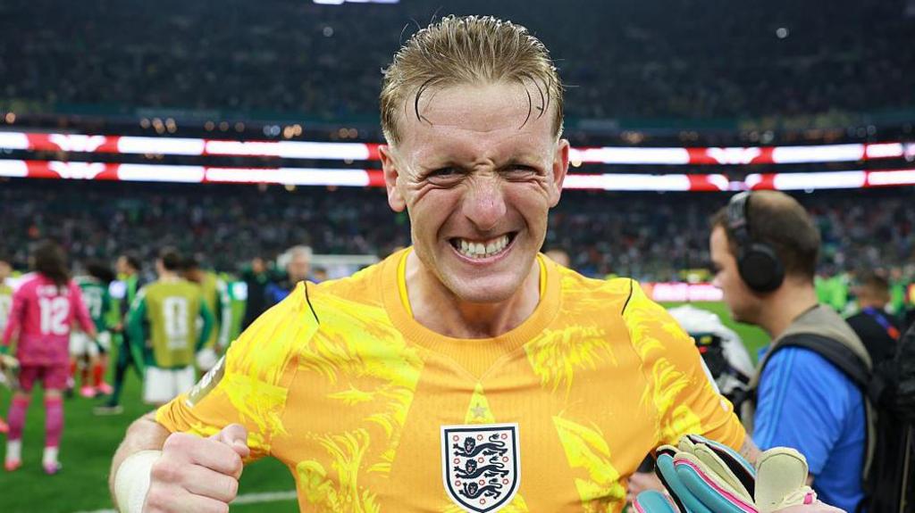 Jordan Pickford celebrates for England at the 2026 World Cup