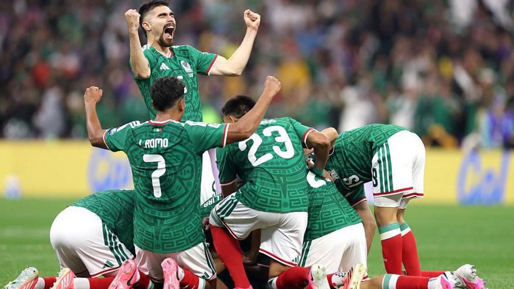 Mexico players celebrate after scoring against Ecuador at the 2026 World Cup