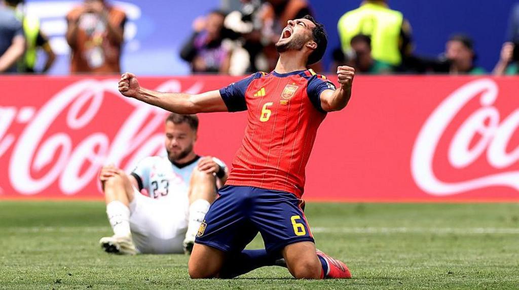 Spain players celebrate after Mikel Merino's late winner against Belgium in the World Cup 2026 quarter-final